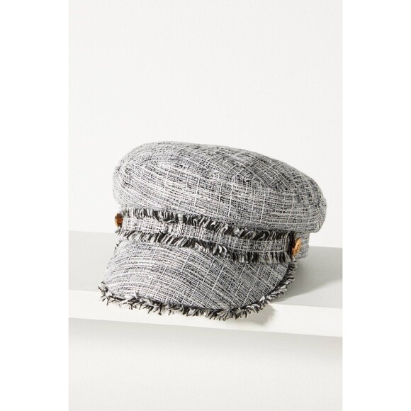 Black White Houndstooth Plaid Tweed frayed newsboy baker boy hat cap gold button main image 5